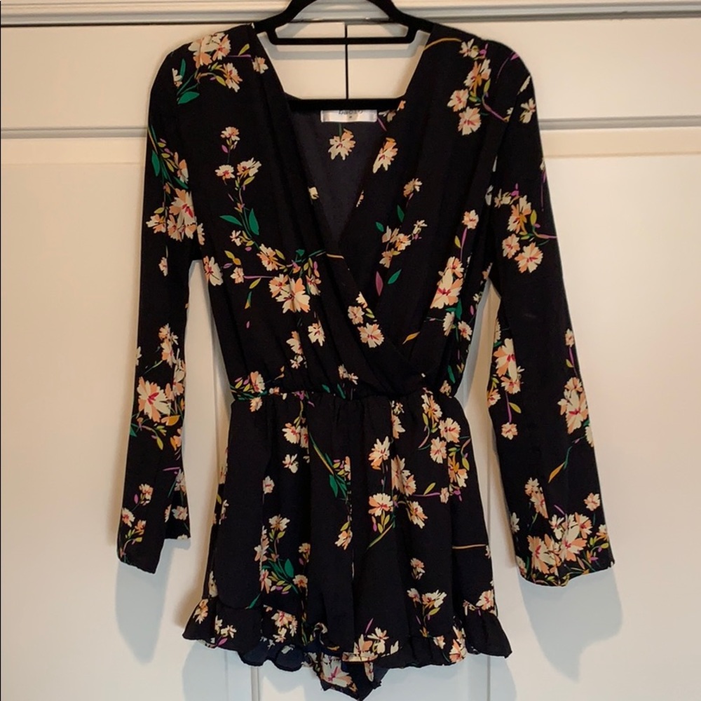 Navy Blue Floral Sleeved Romper